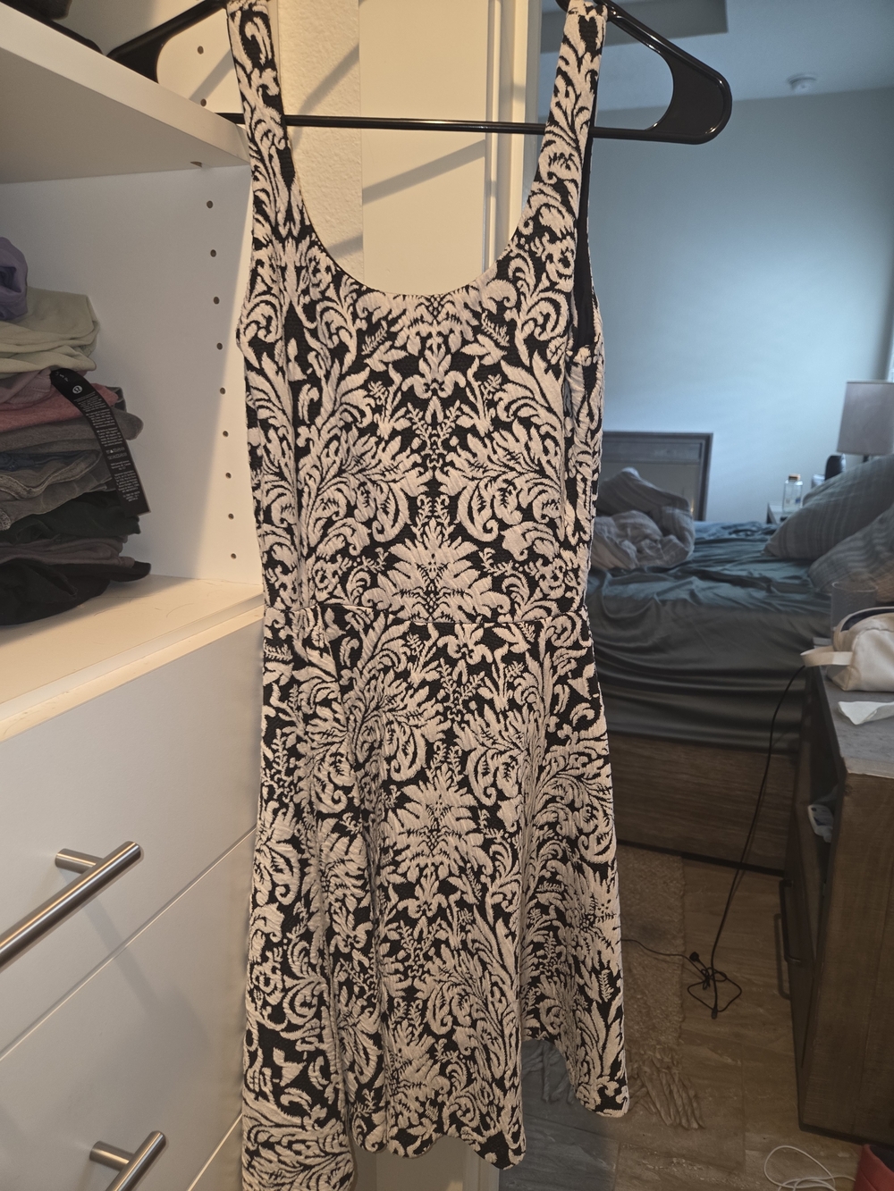 Bar III Black and White Damask Fit & Flare Mini Dress
